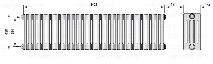 Схема (чертеж) Радиатор Zehnder Charleston 5045/31 №1270 Белый глянцевый RAL 9016